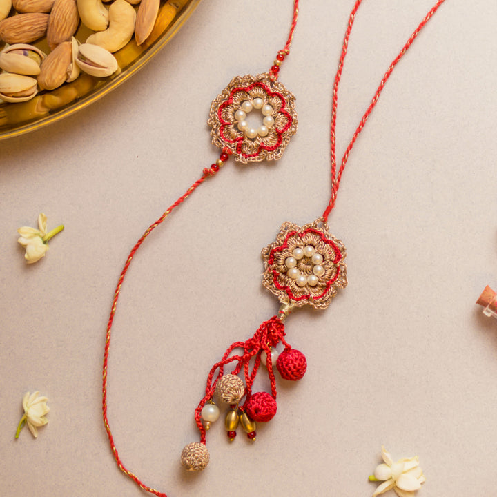 Intricate Crochet Red Pearl Bhaiya Bhabhi Rakhi-Lumba Set With Roli Chawal | Set of 2