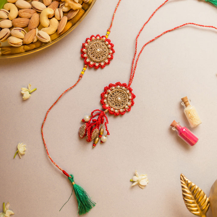 Intricate Crochet Festive Red Bhaiya Bhabhi Rakhi-Lumba Set With Roli Chawal | Set of 2