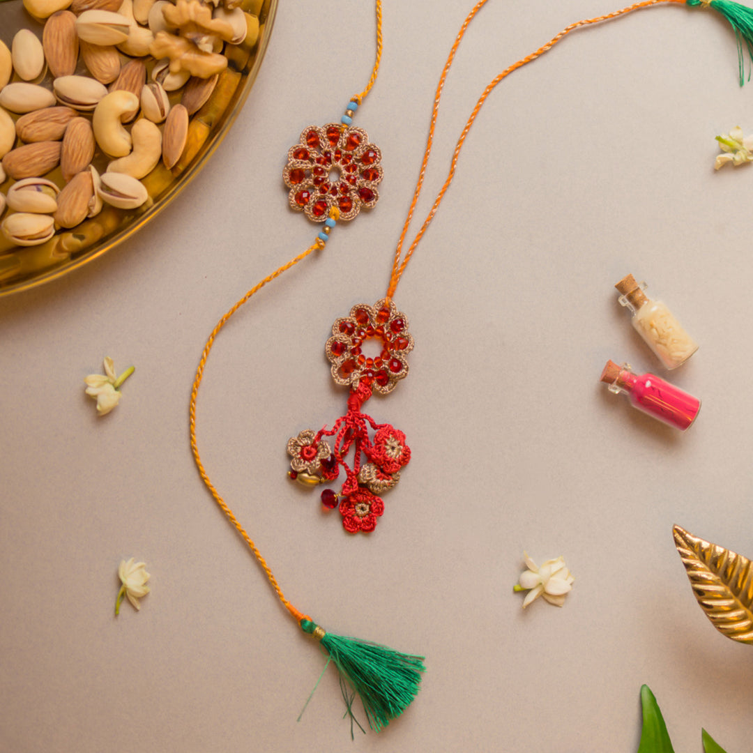 Intricate Crochet Red Stone Bhaiya Bhabhi Rakhi-Lumba Set With Roli Chawal | Set of 2
