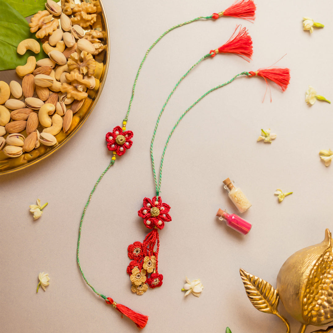 Intricate Crochet Red Flower Bhaiya Bhabhi Rakhi-Lumba Set With Roli Chawal | Set of 2