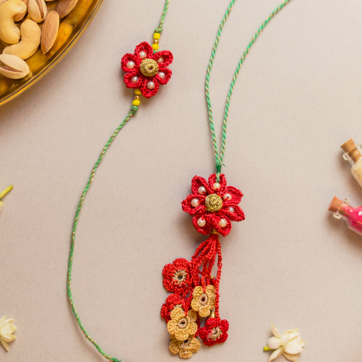 Intricate Crochet Red Flower Bhaiya Bhabhi Rakhi-Lumba Set With Roli Chawal | Set of 2