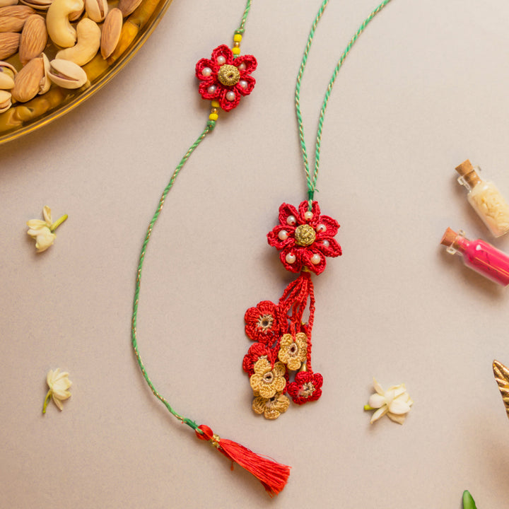 Intricate Crochet Red Flower Bhaiya Bhabhi Rakhi-Lumba Set With Roli Chawal | Set of 2