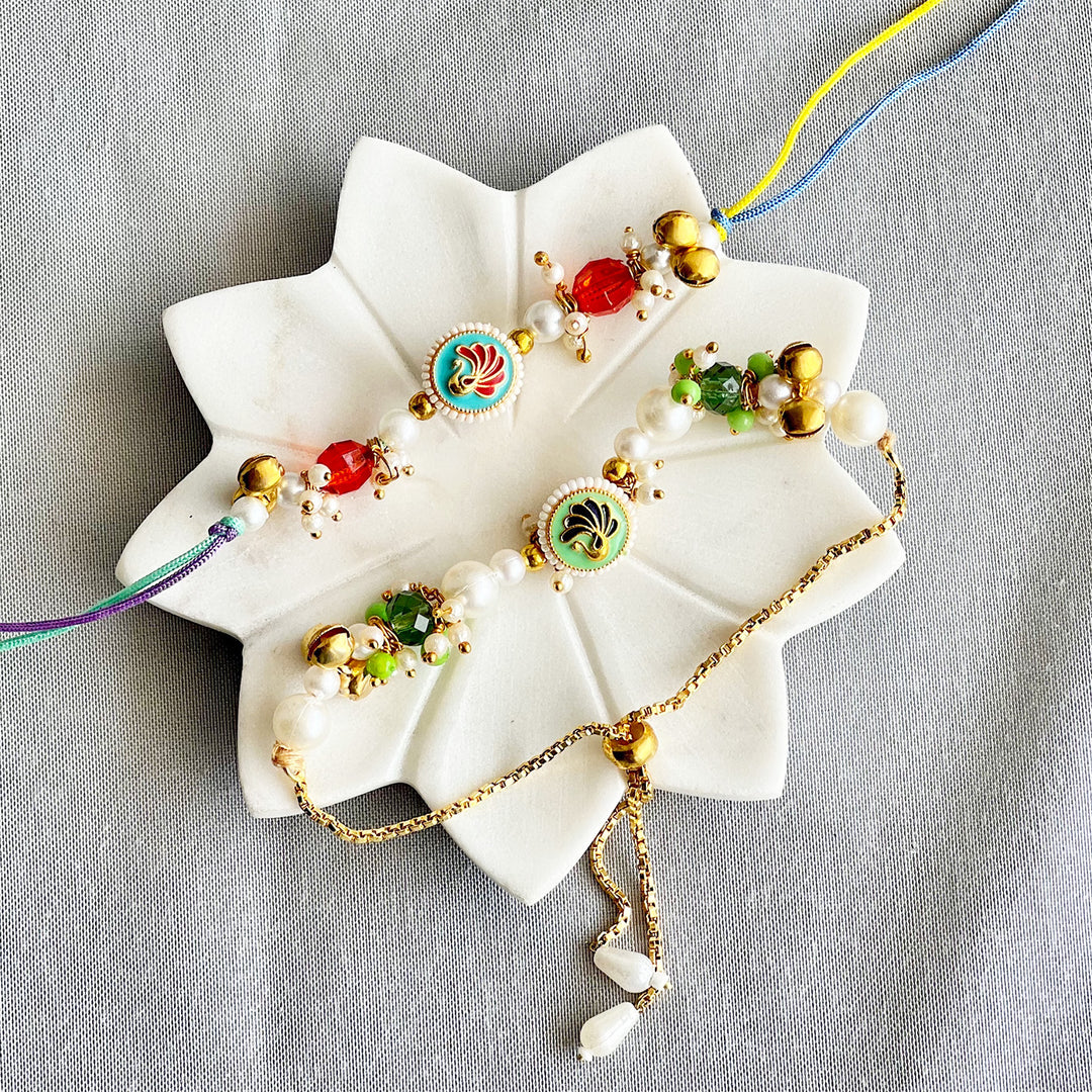 Hand-Knotted Peacock Beaded Rakhi & Lumba Set For Bhaiya Bhabhi | Set of 2