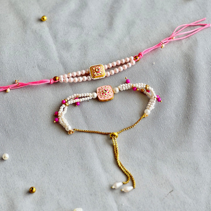 Hand-Knotted Pearl Beaded Rakhi & Lumba Set With Roli Chawal For Bhaiya Bhabhi