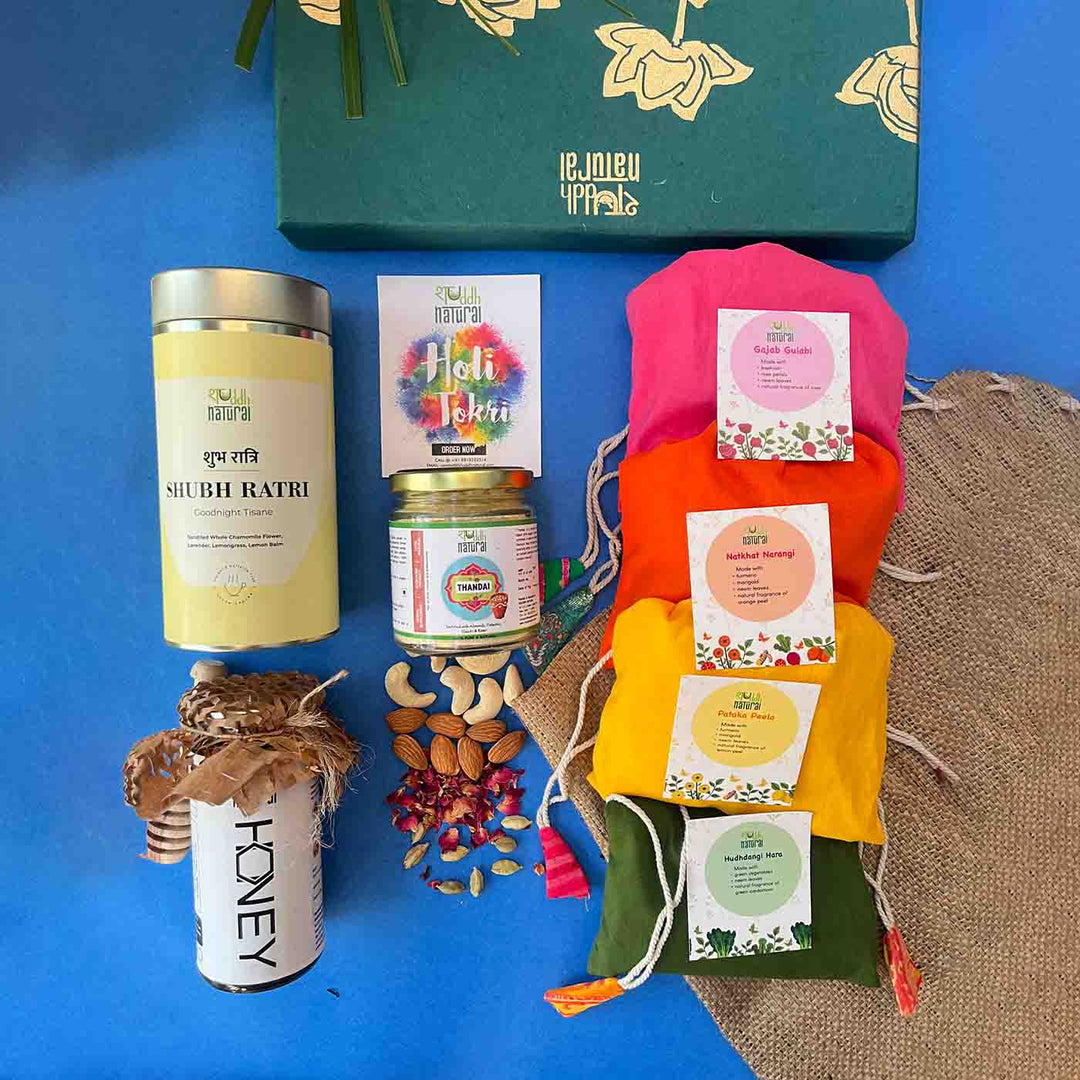 Ubtan based Herbal Gulal | Ayurvedic Thandai Powder | Floral Tisane | Natural Honey | Holi Gift Hamper | Set of 8