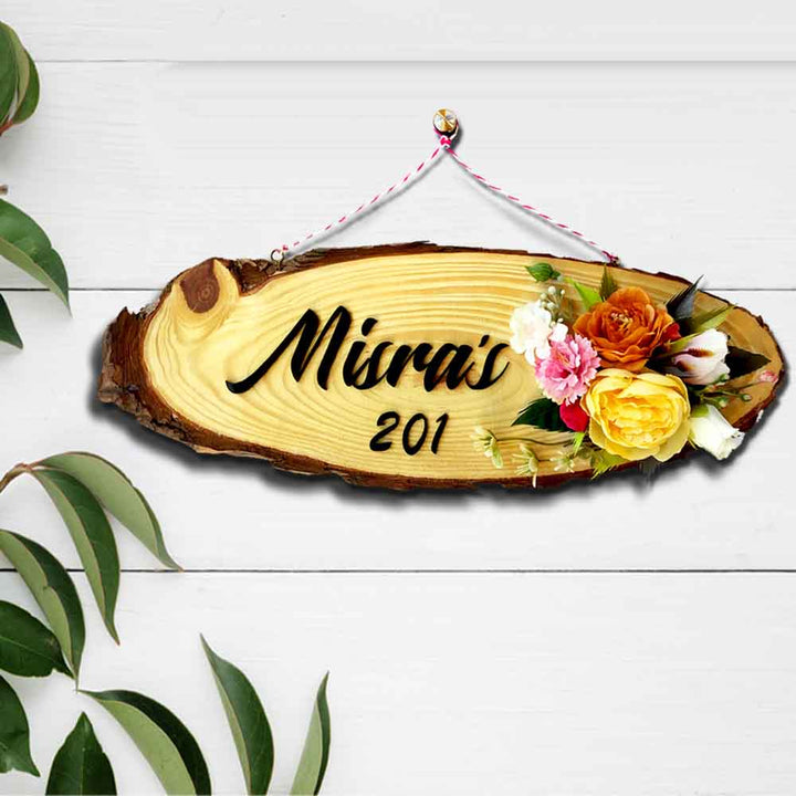 Personalized Handmade Floral Oval Wooden Name Plate With 3D Letters