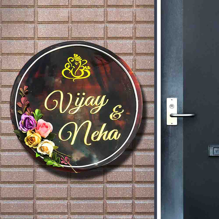 Personalized Handmade Flowers & Ganesha Wooden Name Plate With 3D Letters