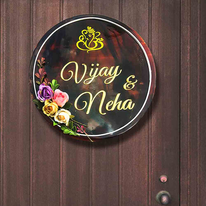 Personalized Handmade Flowers & Ganesha Wooden Name Plate With 3D Letters