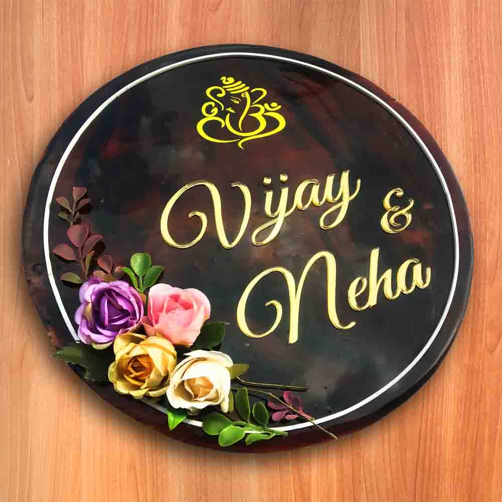 Personalized Handmade Flowers & Ganesha Wooden Name Plate With 3D Letters
