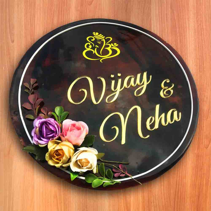 Personalized Handmade Flowers & Ganesha Wooden Name Plate With 3D Letters