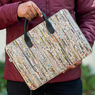 Upcycled Paper Handloom 14 inches Laptop Bag with Vegan Leather