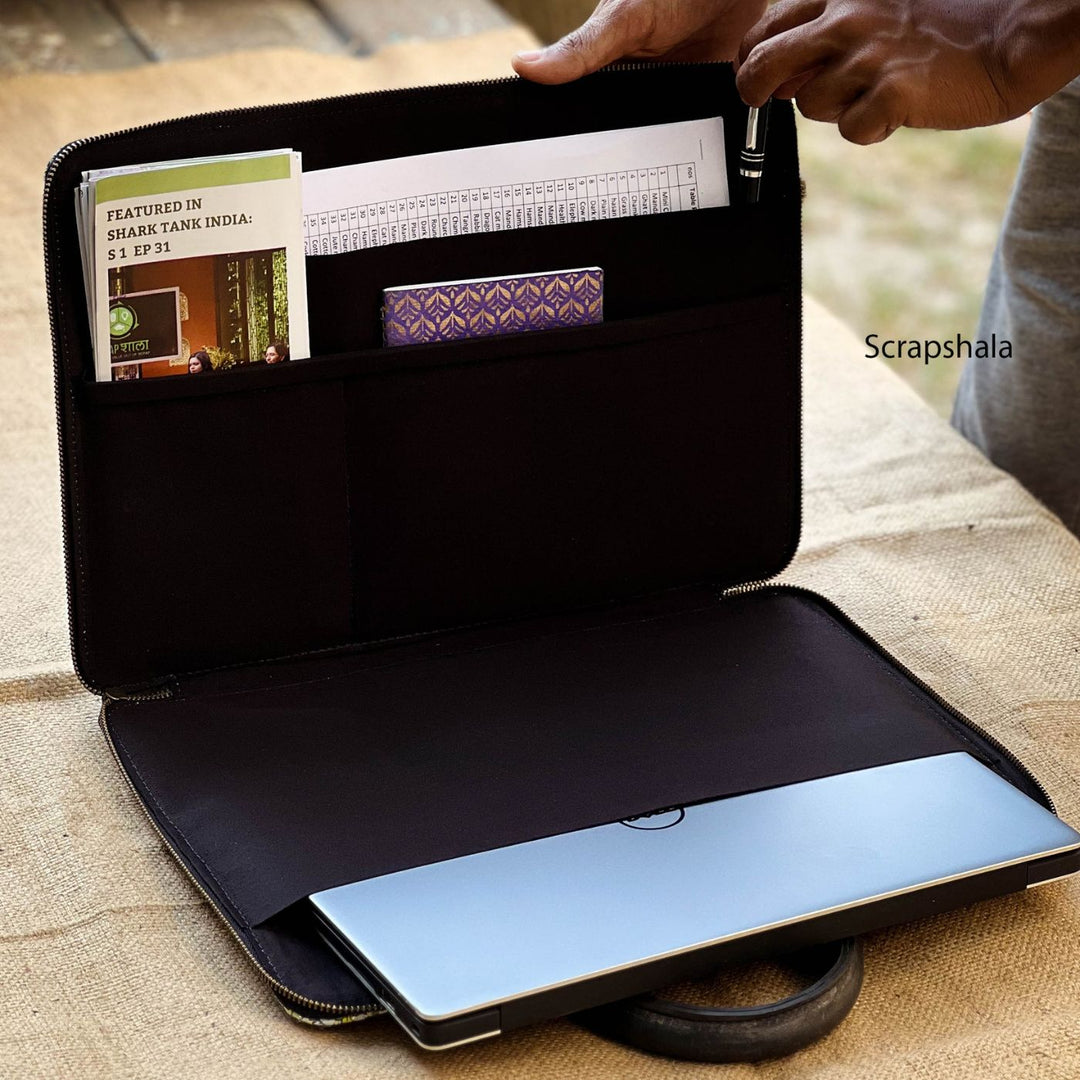 Buy Upcycled Paper Handloom 14 inches Laptop Bag with Vegan Leather Online On Zwende Buy Upcycled Paper Handloom 14 inches Laptop Bag with Vegan Leather Online On Zwende