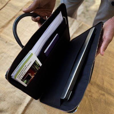 Upcycled Paper Handloom 14 inches Laptop Bag with Vegan Leather