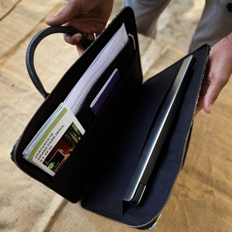 Upcycled Paper Handloom 14 inches Laptop Bag with Vegan Leather