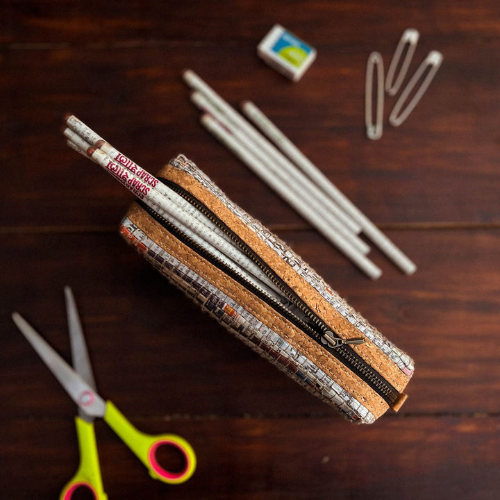 Upcycled Paper Handloom Stationery Zipper Pouch with Plantable Pencils