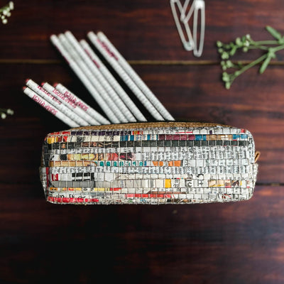 Upcycled Paper Handloom Stationery Zipper Pouch with Plantable Pencils