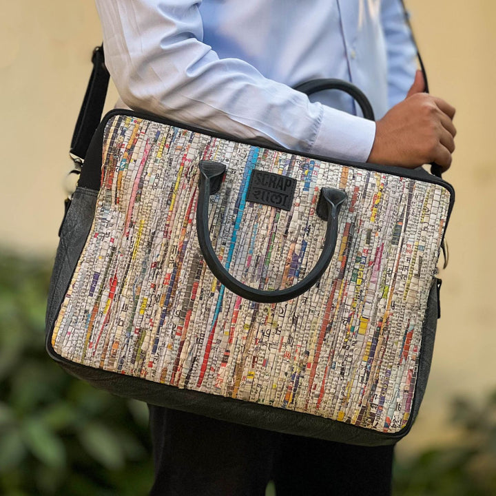 Upcycled Paper Handloom 16 inches Office Laptop Bag with Vegan Leather