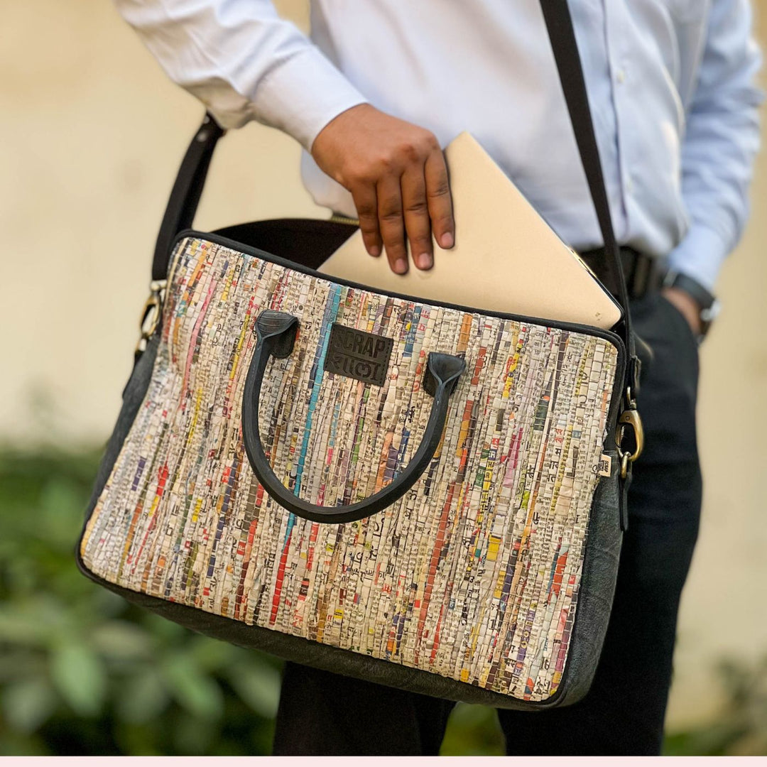 Upcycled Paper Handloom 16 inches Office Laptop Bag with Vegan Leather