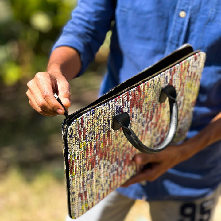 Upcycled Paper Handloom 14 inches Laptop Sleeve Bag with Vegan Leather