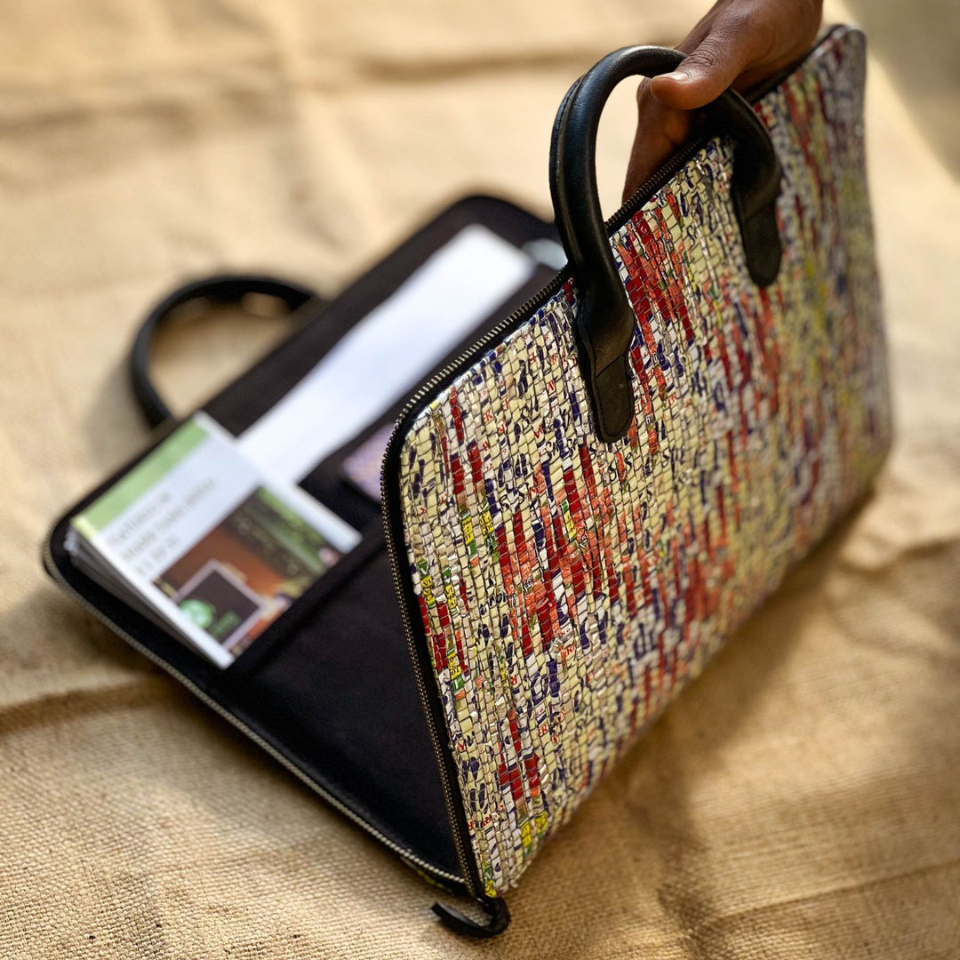 Upcycled Paper Handloom 14 inches Laptop Sleeve Bag with Vegan Leather