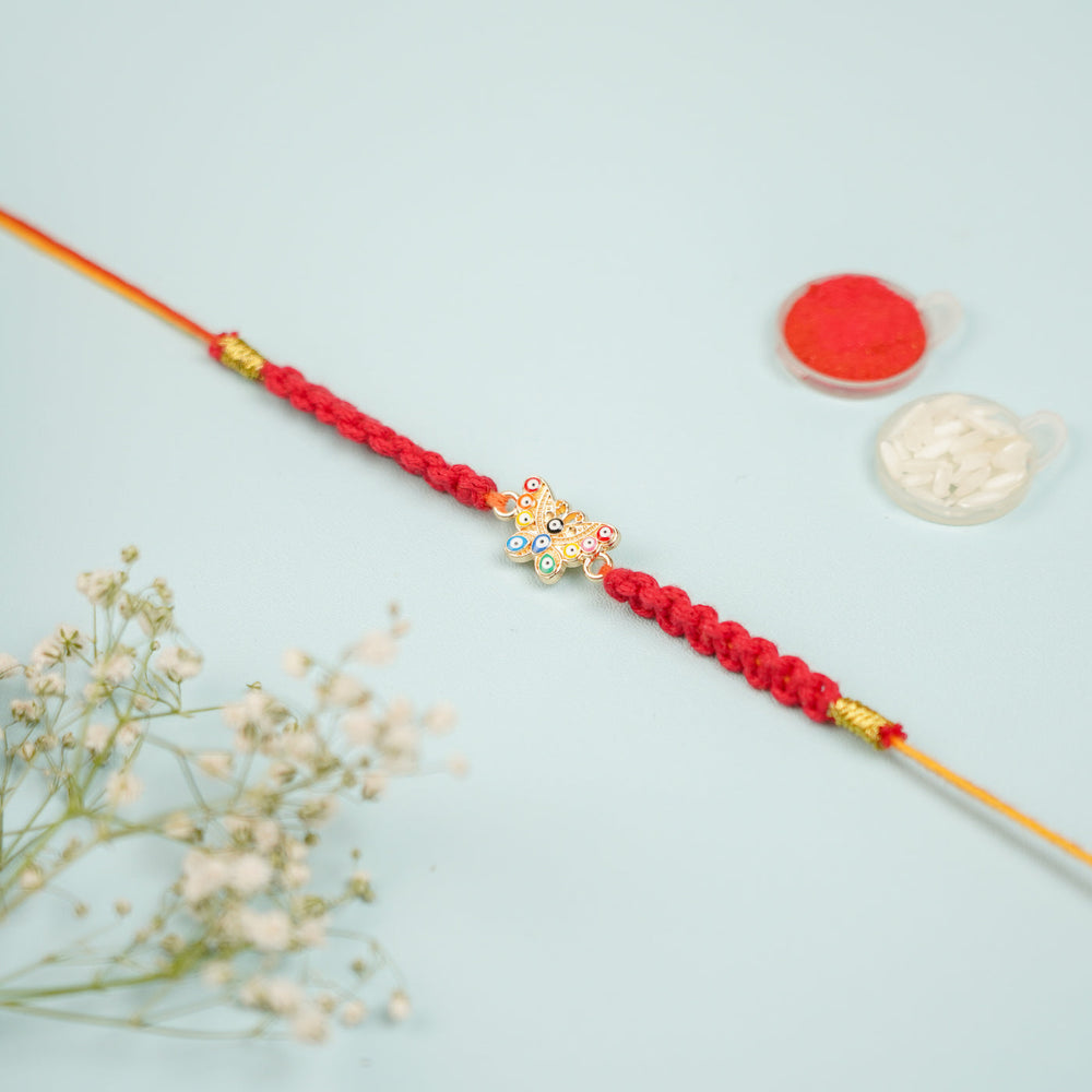 Handmade Macrame Butterfly Evil Eye Metal Rakhi With Roli Chawal - Full product with decorative items