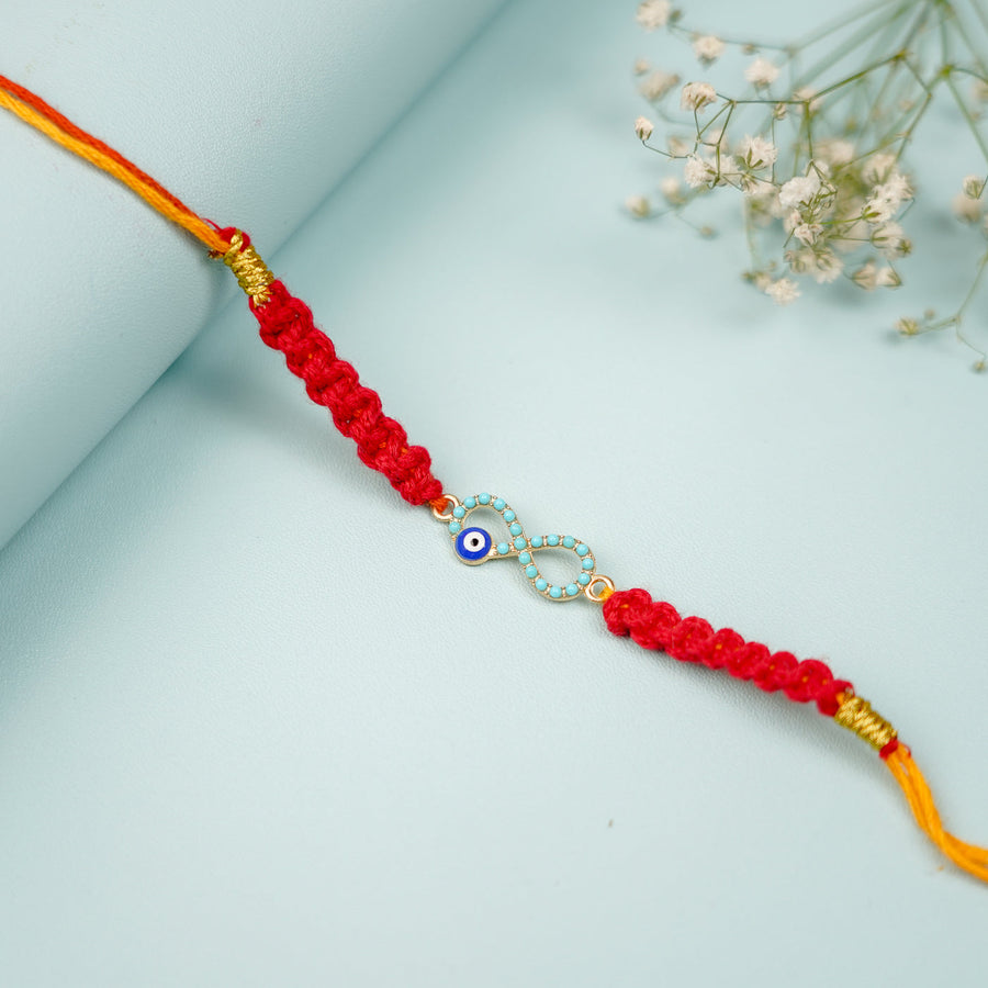 Handmade Macrame Infinity Evil Eye Metal Rakhi With Roli Chawal - Front View Close-up