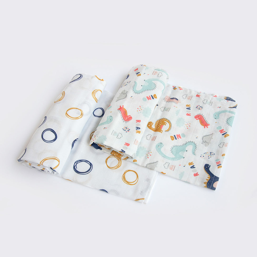2 Pc | Premium Dino Friend & Doodle Circles Swaddle Set | 0-4 Years
