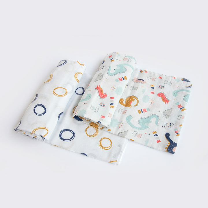 2 Pc | Premium Dino Friend & Doodle Circles Swaddle Set | 0-4 Years