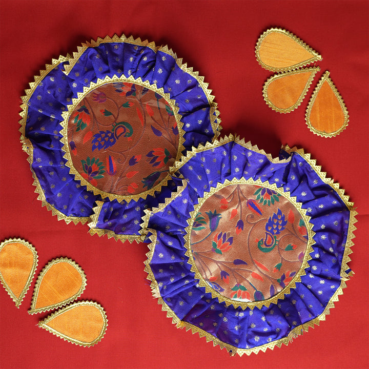 2 pc | Handmade Round Raw Silk & Chanderi Samai Asan For Pooja Decor