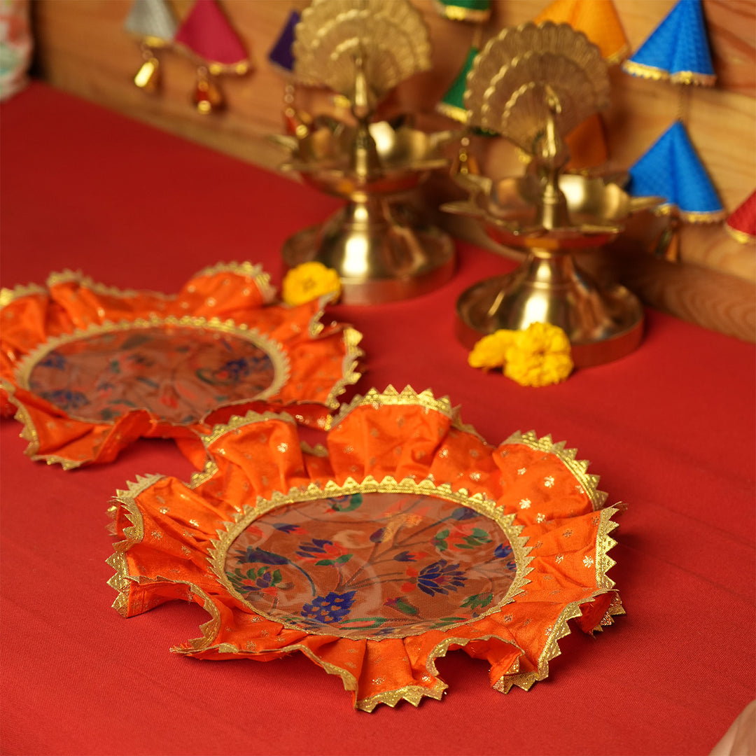 2 pc | Handmade Round Raw Silk & Chanderi Samai Asan For Pooja Decor