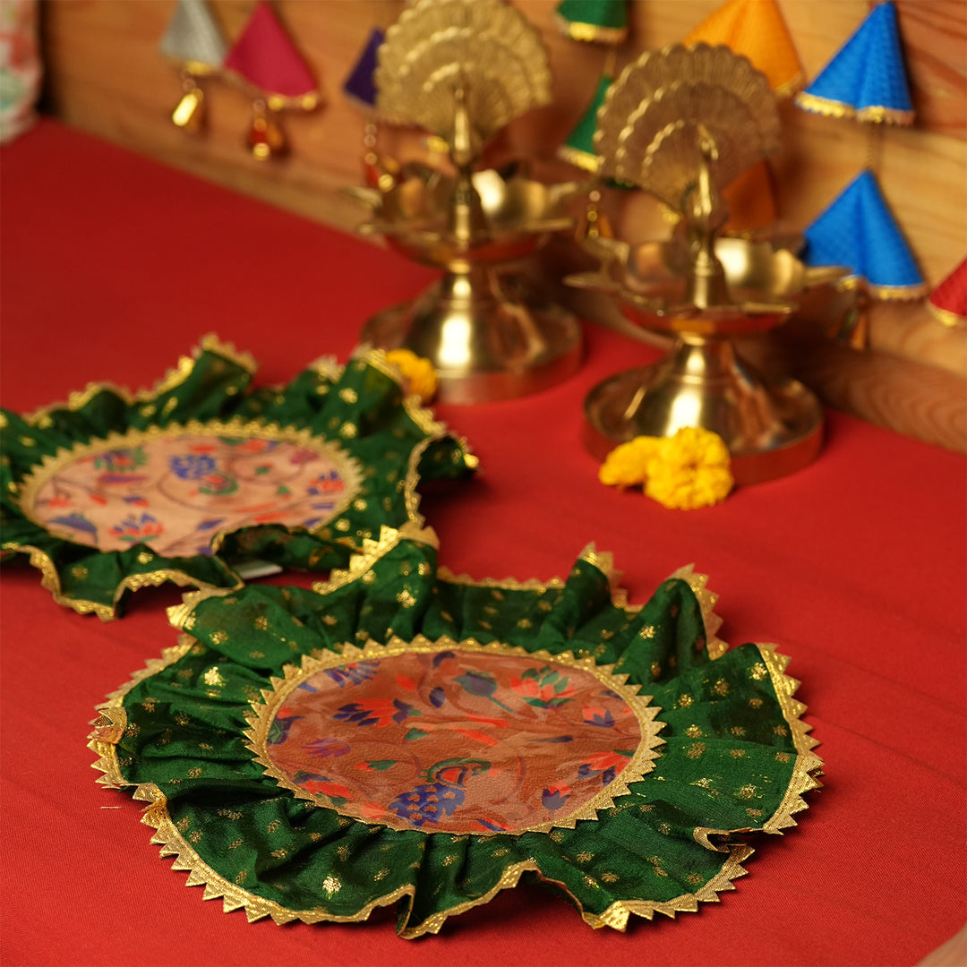 2 pc | Handmade Round Raw Silk & Chanderi Samai Asan For Pooja Decor