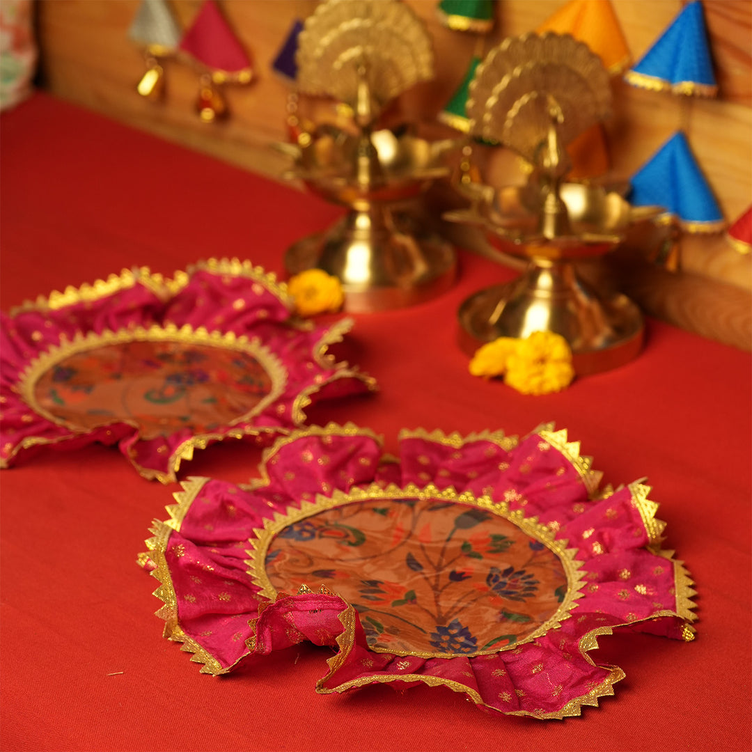 2 pc | Handmade Round Raw Silk & Chanderi Samai Asan For Pooja Decor