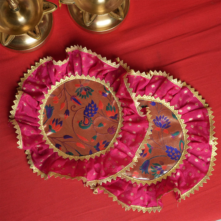 2 pc | Handmade Round Raw Silk & Chanderi Samai Asan For Pooja Decor