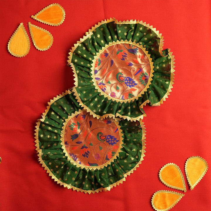 2 pc | Handmade Round Raw Silk & Chanderi Samai Asan For Pooja Decor