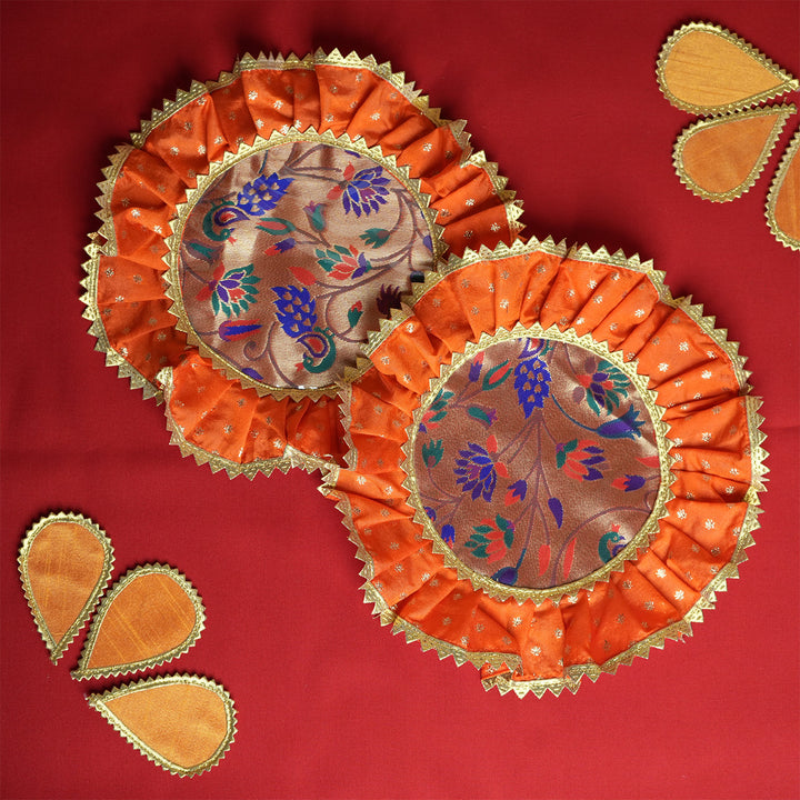 2 pc | Handmade Round Raw Silk & Chanderi Samai Asan For Pooja Decor