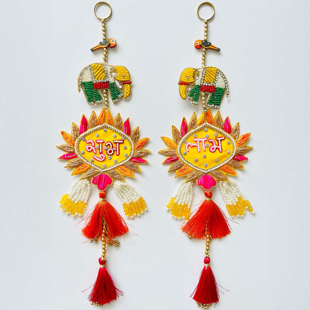 Handmade Beaded Yellow Elephant & Parrot Shubhlabh Hanging