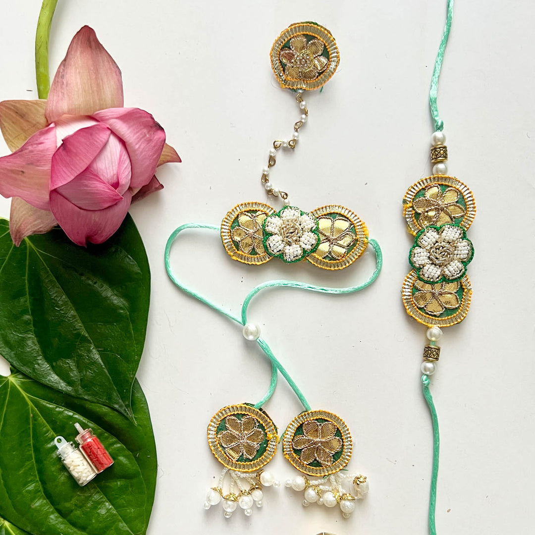 Handcrafted Gota Patti "Samriddhi" Couple Rakhi, Lumba & Haathphool Set With Roli Chawal for Bhaiya Bhabhi