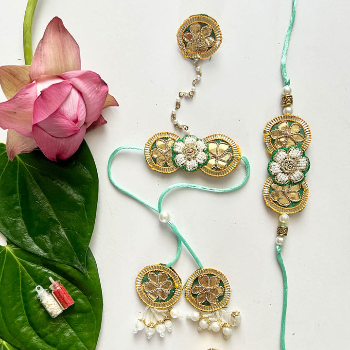 Handcrafted Gota Patti "Samriddhi" Couple Rakhi, Lumba & Haathphool Set With Roli Chawal for Bhaiya Bhabhi