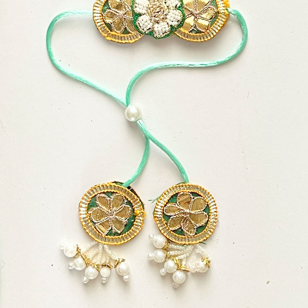 Handcrafted Gota Patti "Samriddhi" Couple Rakhi, Lumba & Haathphool Set With Roli Chawal for Bhaiya Bhabhi