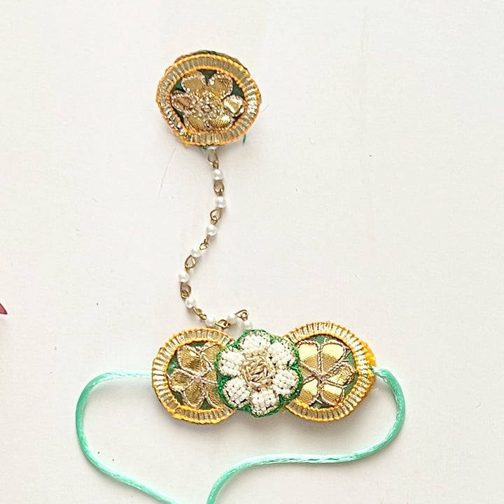 Handcrafted Gota Patti "Samriddhi" Couple Rakhi, Lumba & Haathphool Set With Roli Chawal for Bhaiya Bhabhi
