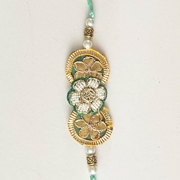Handcrafted Gota Patti "Samriddhi" Couple Rakhi, Lumba & Haathphool Set With Roli Chawal for Bhaiya Bhabhi