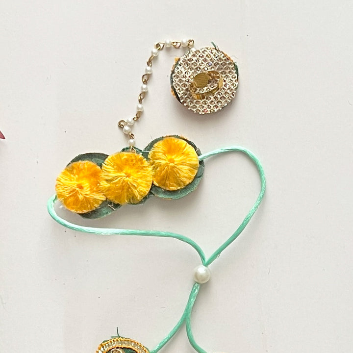 Handcrafted Gota Patti "Samriddhi" Couple Rakhi, Lumba & Haathphool Set With Roli Chawal for Bhaiya Bhabhi