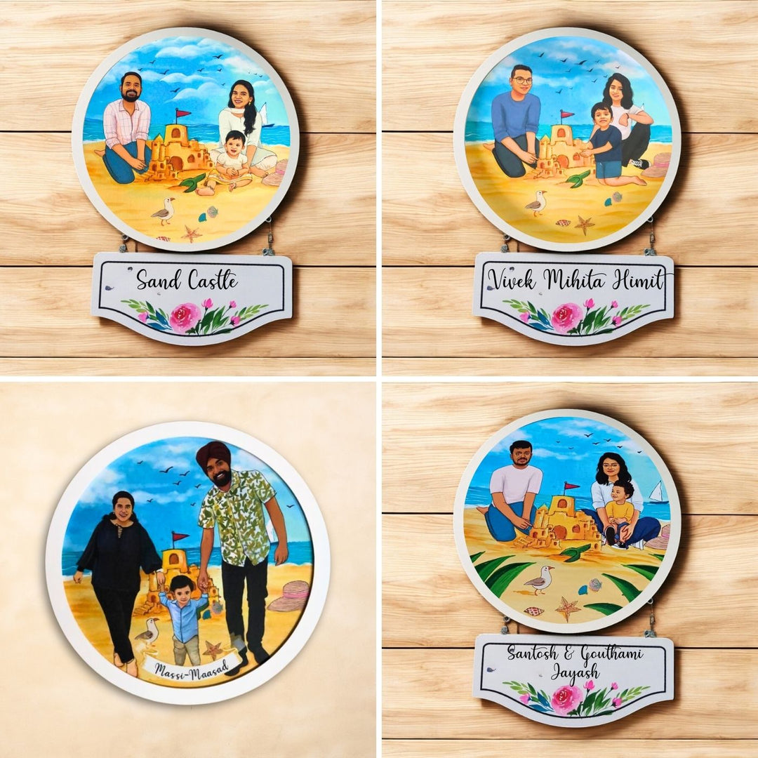 Photo Caricature Hanging Nameplate Small Family 5 - Four Personalized Name Plate Variations