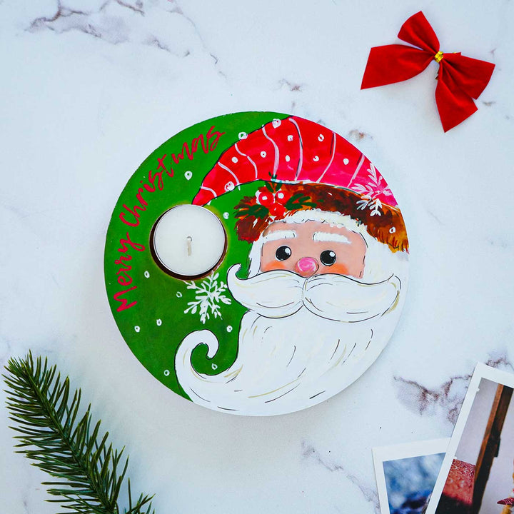 Hand-Painted "Santa Has A Light" Mdf Wood Tealight Holders For Christmas Decoration