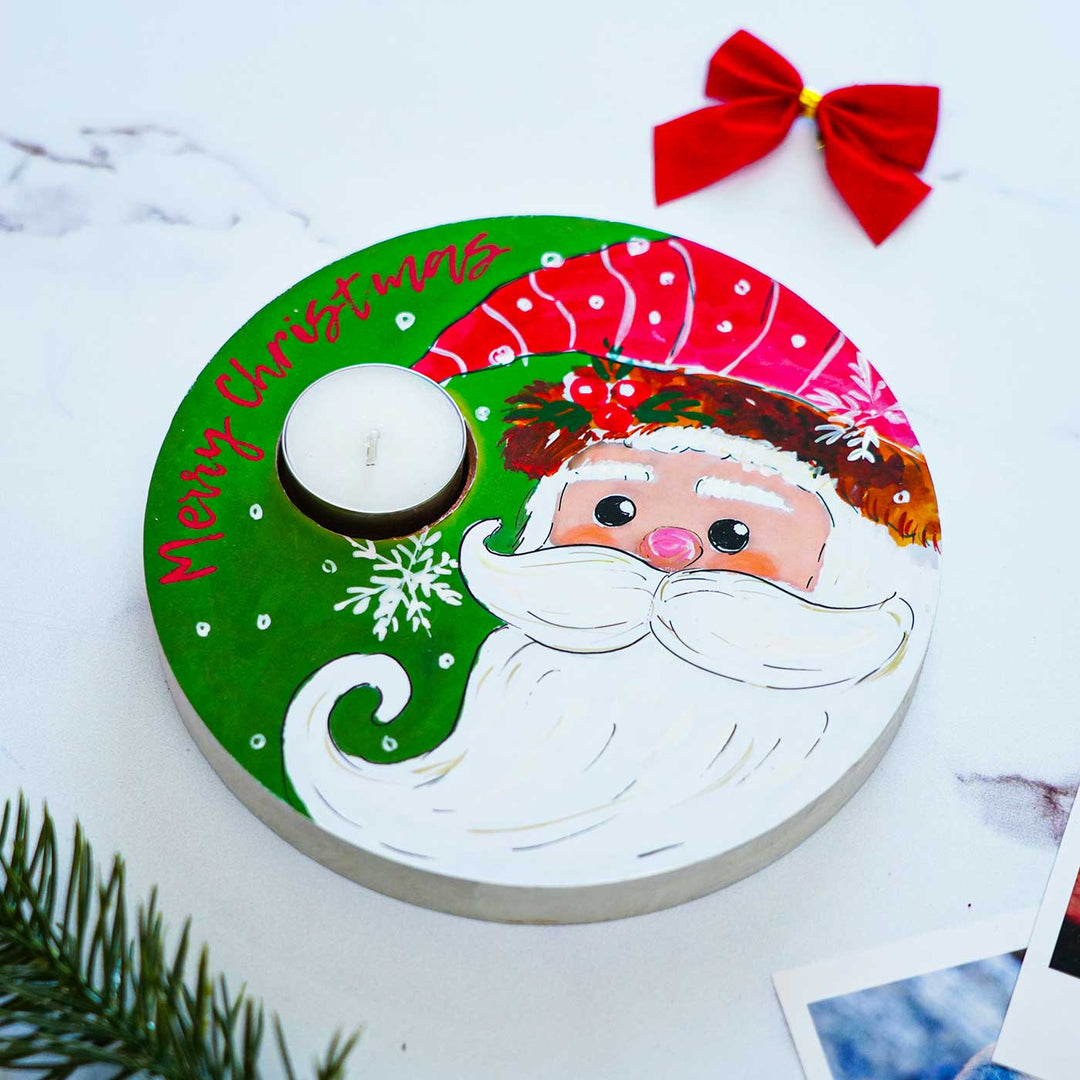 Hand-Painted "Santa Has A Light" Mdf Wood Tealight Holders For Christmas Decoration