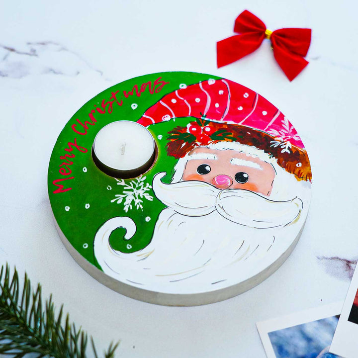 Hand-Painted "Santa Has A Light" Mdf Wood Tealight Holders For Christmas Decoration
