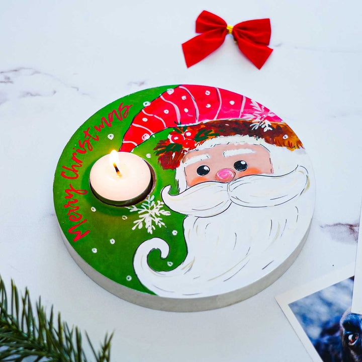 Hand-Painted "Santa Has A Light" Mdf Wood Tealight Holders For Christmas Decoration