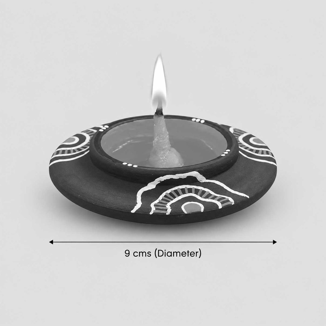 Set of 8 | "Blue Rhythm" Mirror Work Hand-Painted Terracotta Disc Diya Tealight Holders For Festive Decor