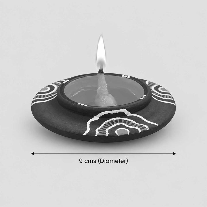 Set of 8 | "Blue Rhythm" Mirror Work Hand-Painted Terracotta Disc Diya Tealight Holders For Festive Decor