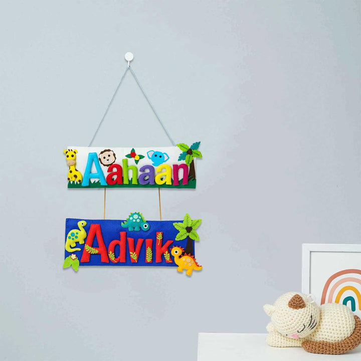 Customized Handcrafted Jungle & Dinosaur Theme Felt Name Plate for Siblings